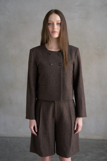 Elle Grey double button collarless brown tweed cropped coat with matching shorts
