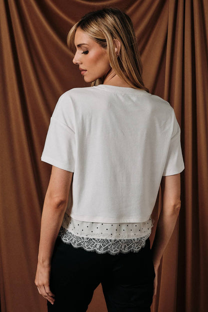 Cropped Boxy Tee with Contrast Polka Dot Lace Trim