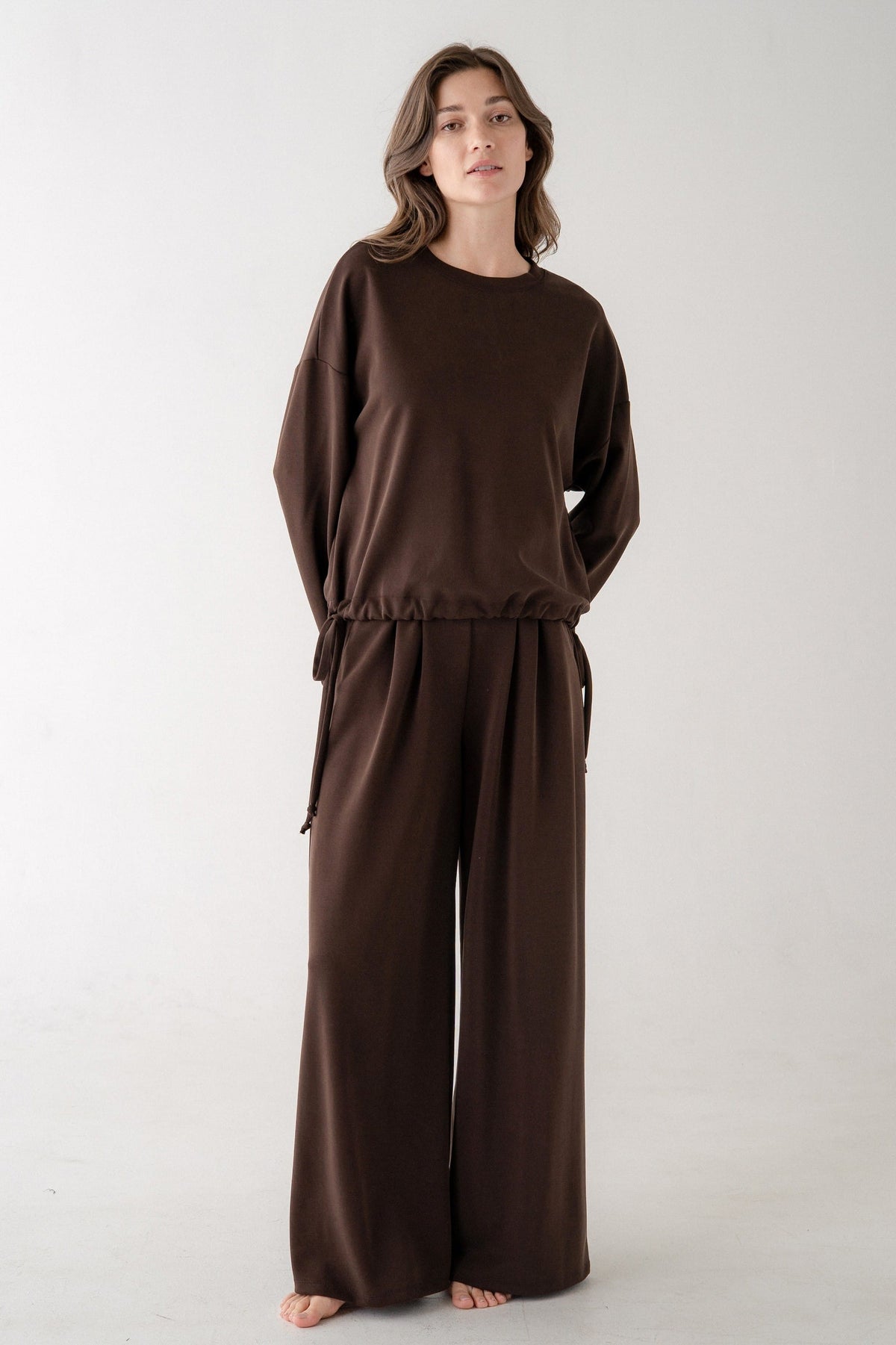 Elle Grey Ultimate Soft Lounge Top in dark brown with drawstring hem, relaxed fit