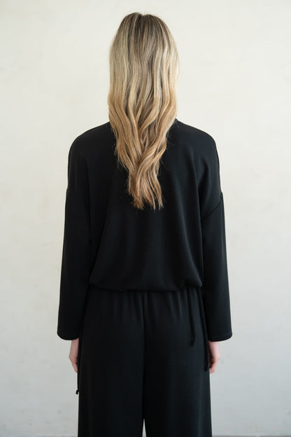 Elle Grey Ultimate Soft Lounge Top in black, long sleeves, relaxed fit, back view