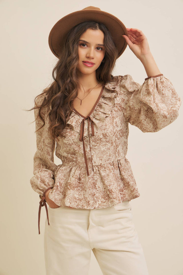 Toile Printed Babydoll Blouse With Balloon Sleeves