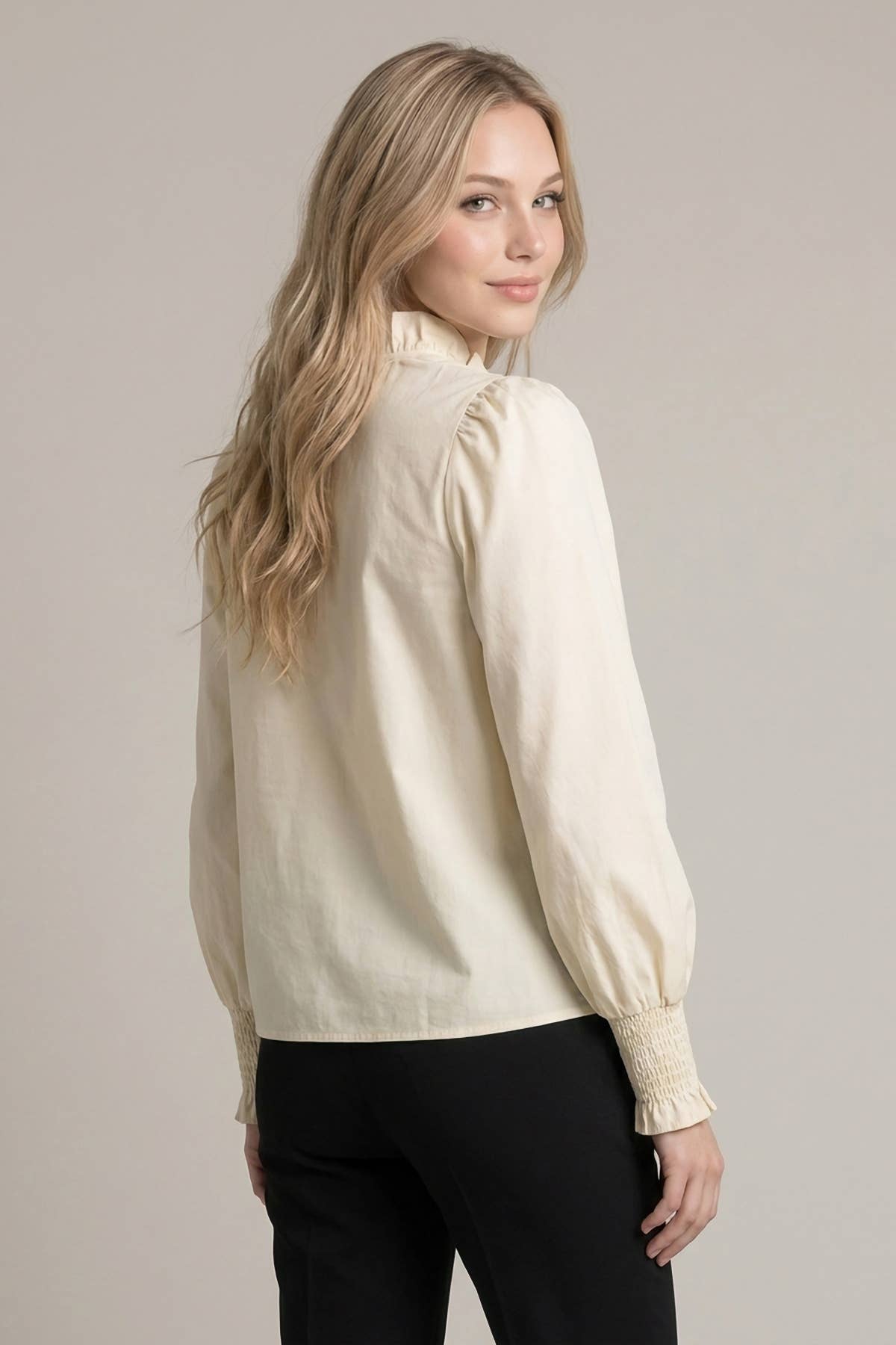RUFFLE V NECK BLOUSE WITH SMOCKED CUFFS - 46491T