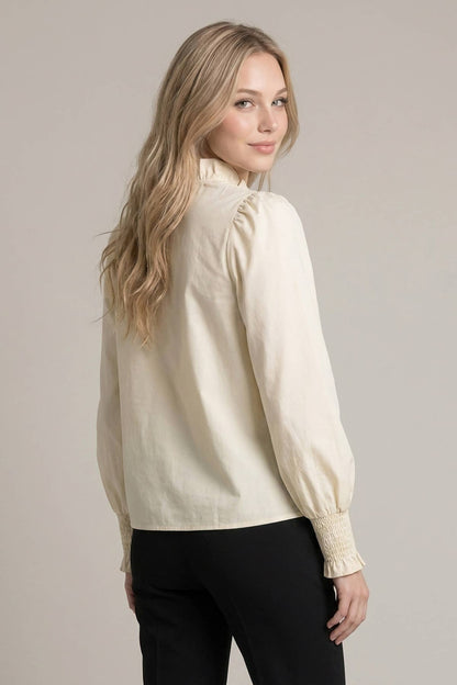 RUFFLE V NECK BLOUSE WITH SMOCKED CUFFS - 46491T