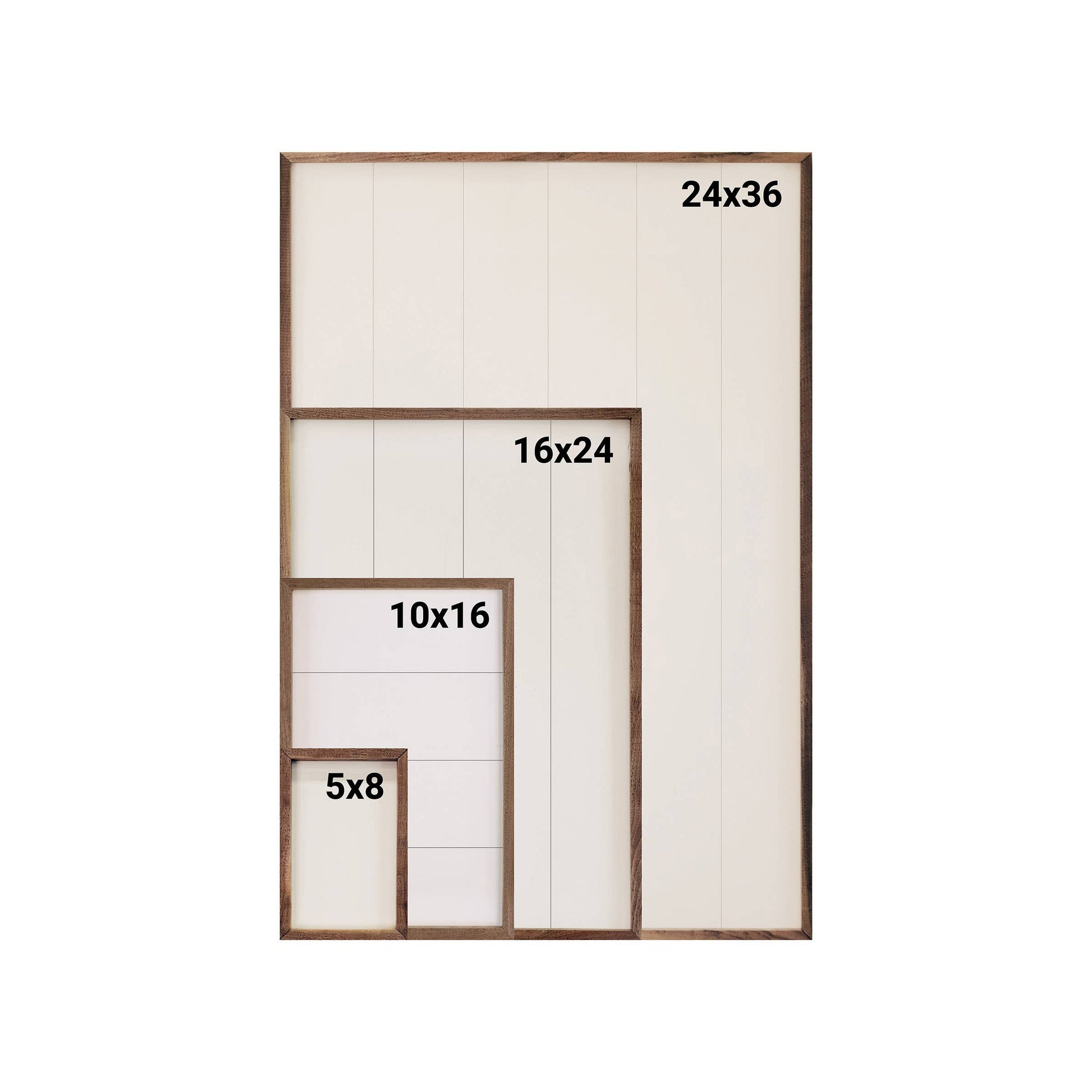 Four wood-framed art print size options: 5x8, 10x16, 16x24, and 24x36 inches