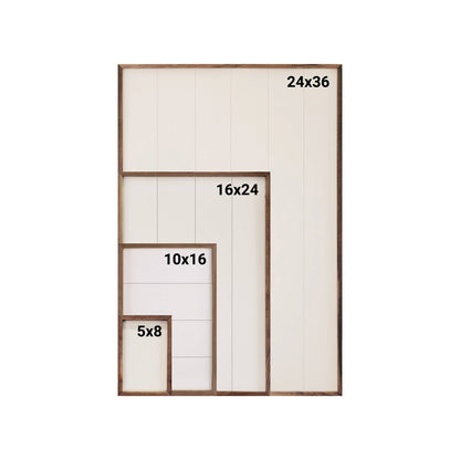 Four wood-framed art print size options: 5x8, 10x16, 16x24, and 24x36 inches