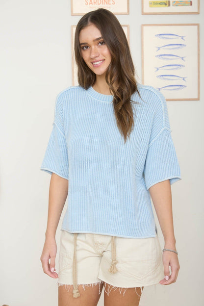 Washed Short Sleeve Boxy Knit Top
