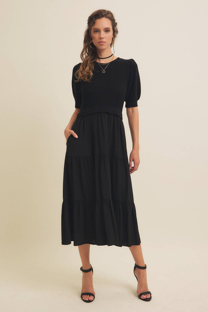 Mixed Media Sweater Midi Dress With Woven Skirt