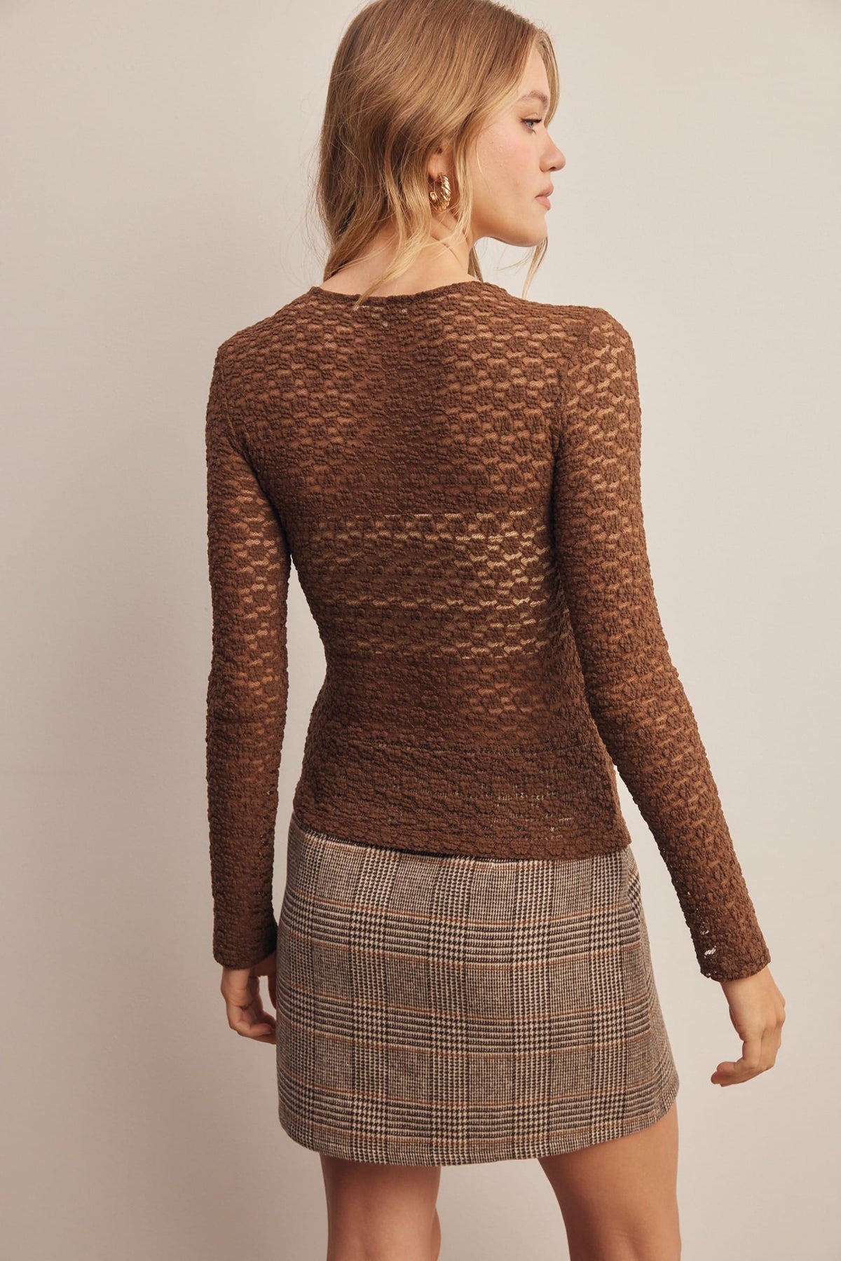 Brown stretch floral lace knit long-sleeve top, fitted silhouette, back view