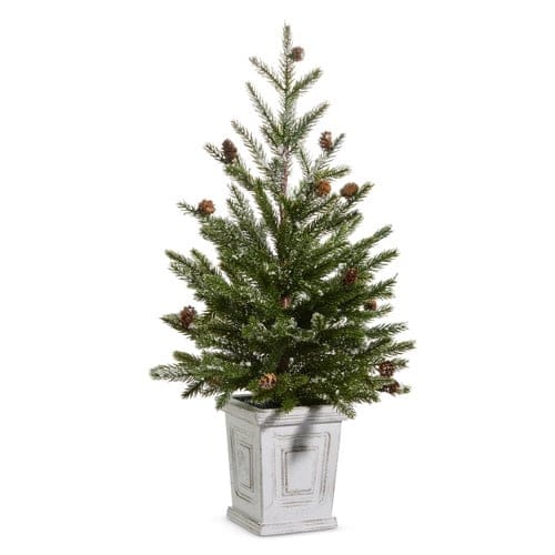 Small potted pine tree with pine cones in a distressed white square planter, front view