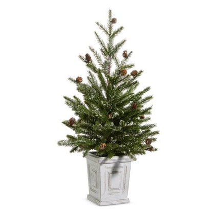 Small potted pine tree with pine cones in a distressed white square planter, front view