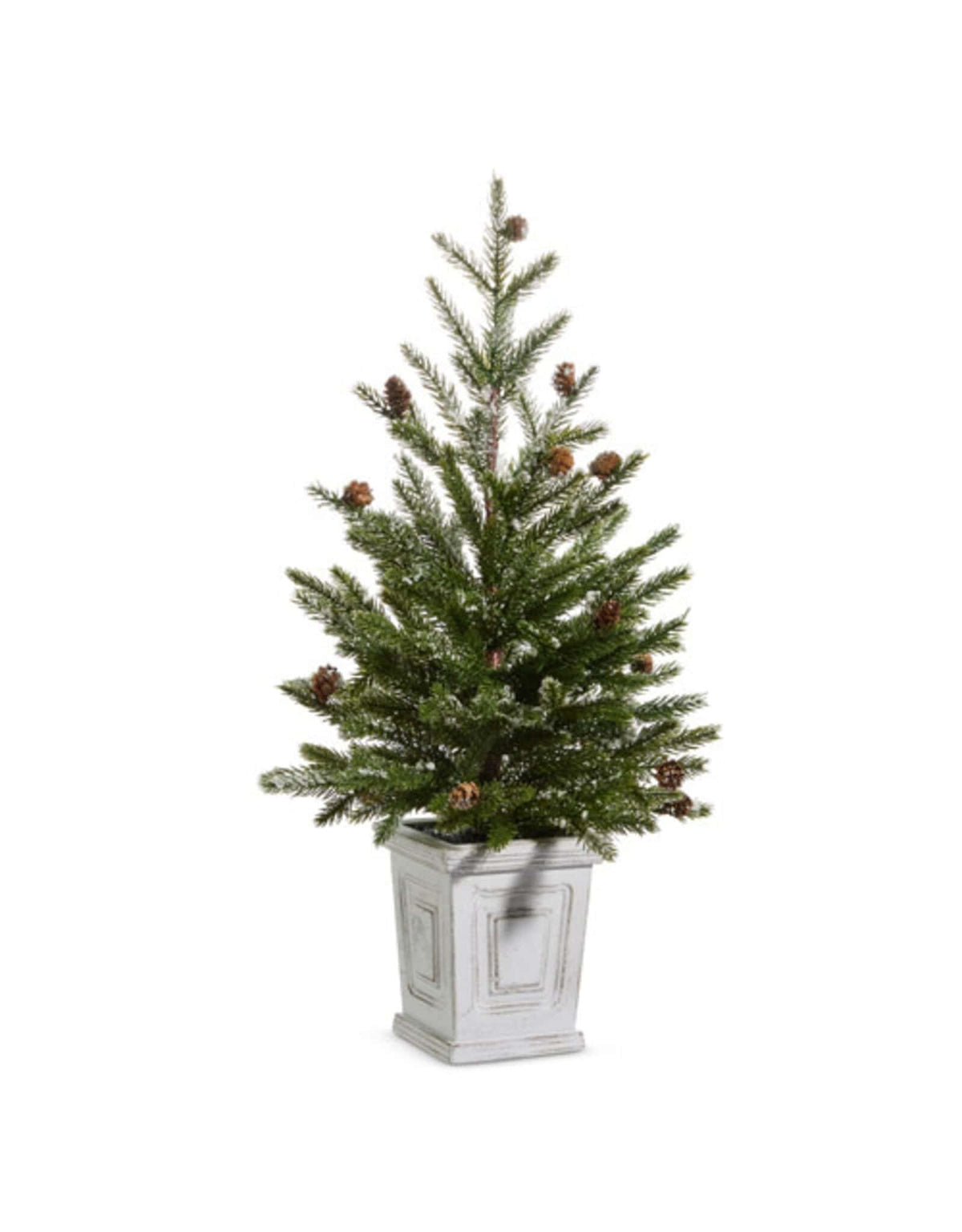 Small frosted pine tree with pinecones in a white distressed square pot, front view