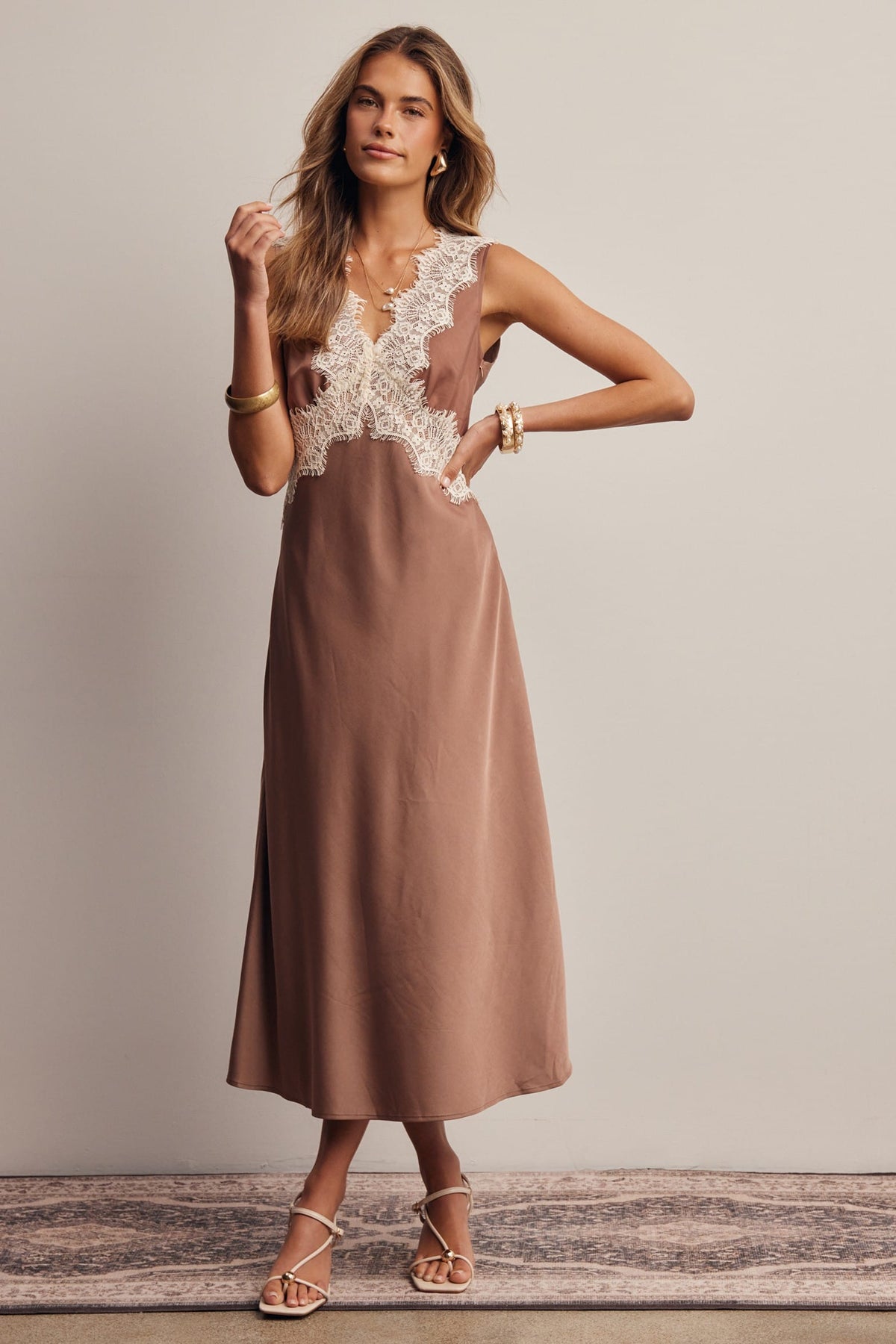 Forte mauve satin midi slip dress with ivory lace trim V-neckline