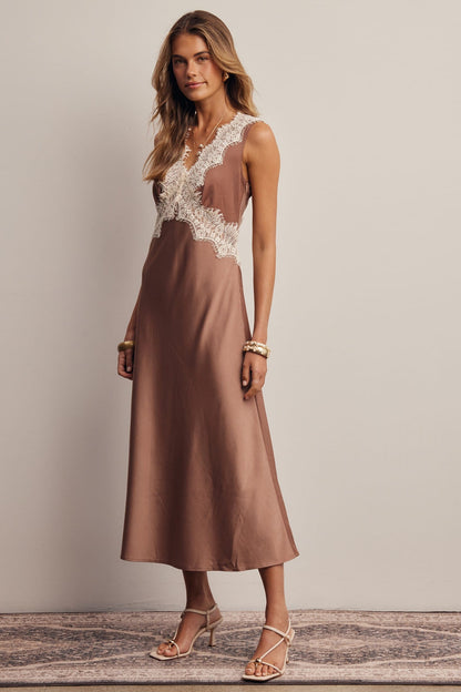 Forte satin midi slip dress in brown with ivory lace trim neckline