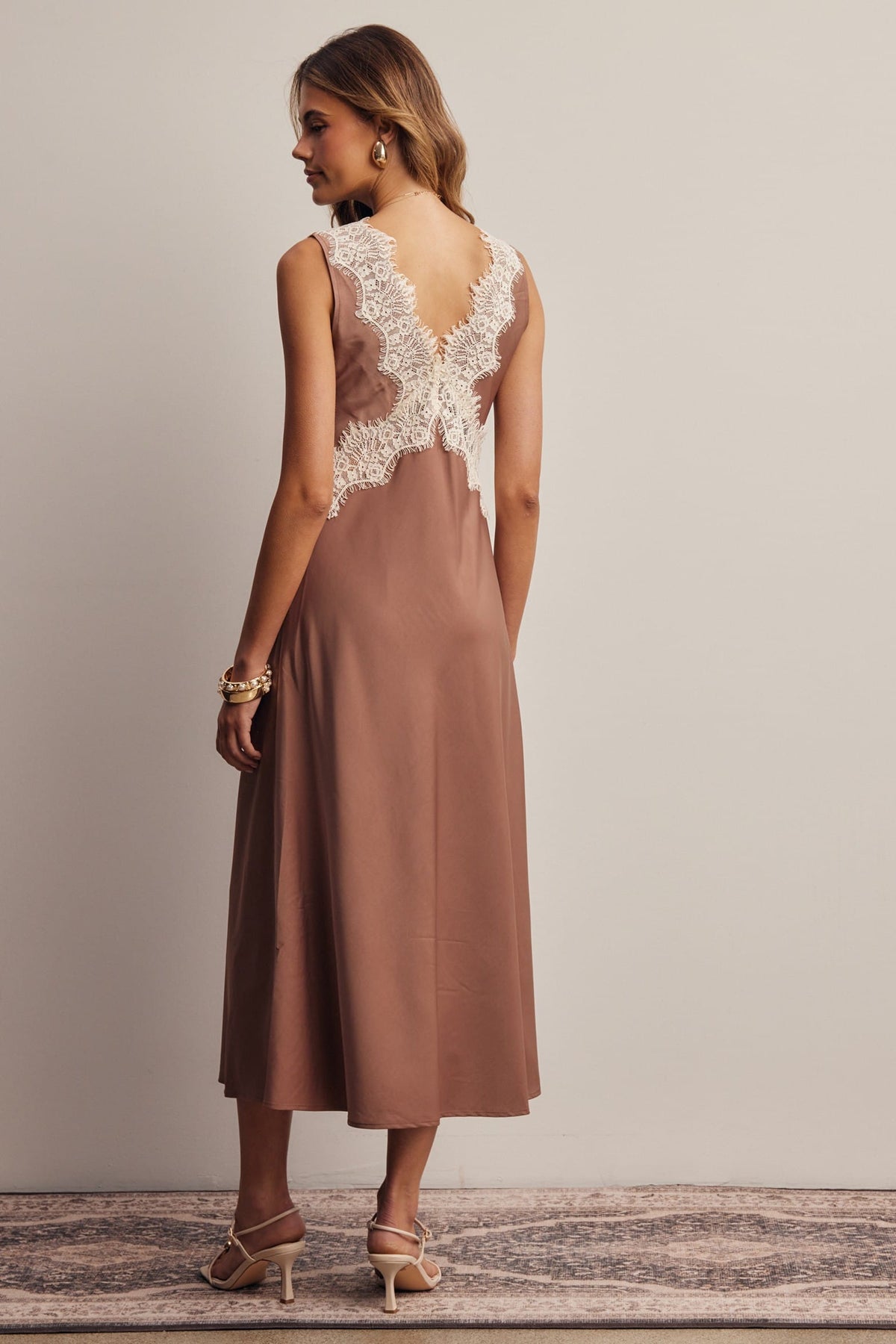Forte mauve satin midi dress with ivory butterfly lace back detail and low V