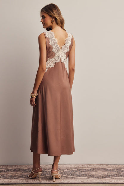 Forte mauve satin midi dress with ivory butterfly lace back detail and low V