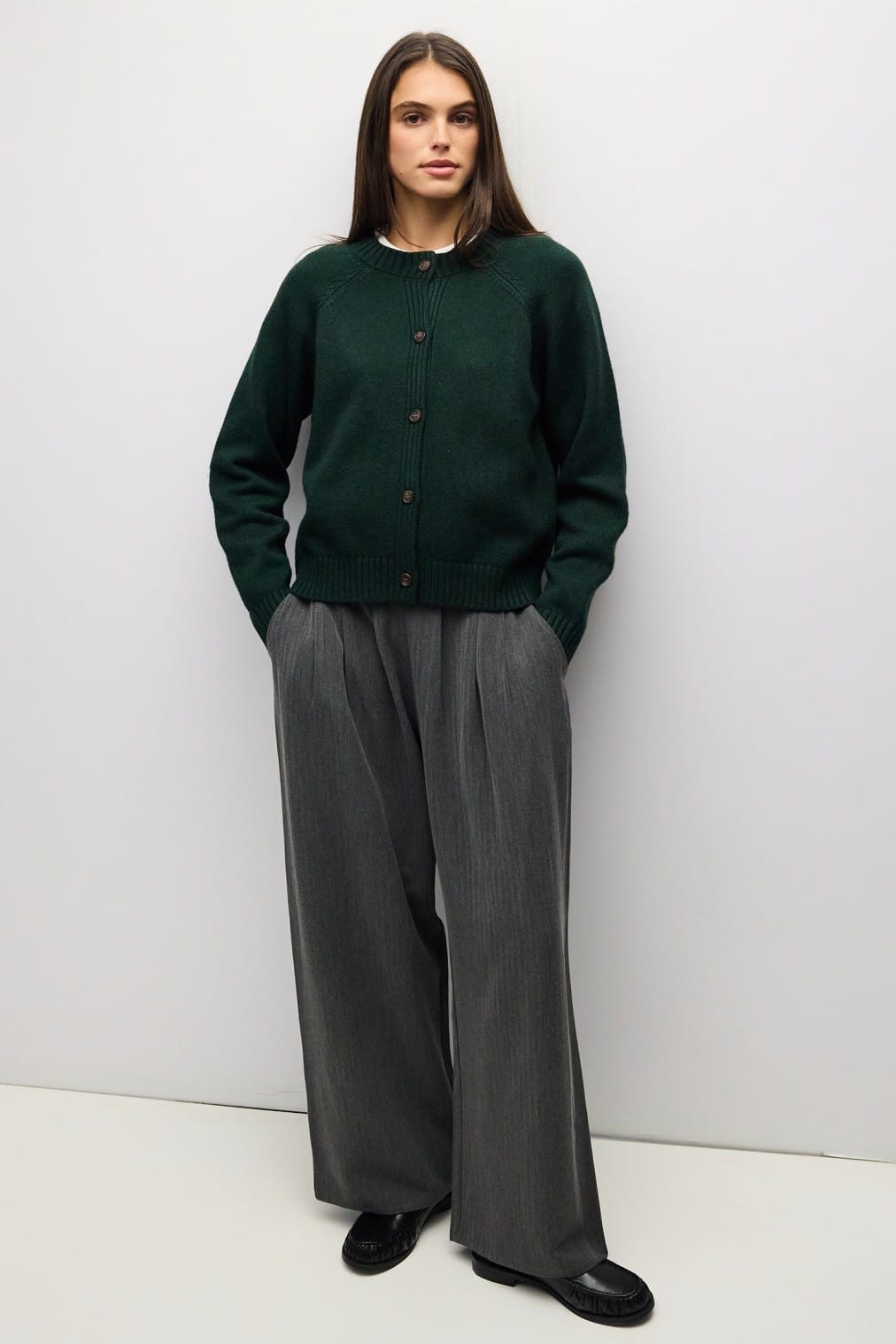 Mod Ref Danielle Cardigan in dark green with button front and ribbed trim