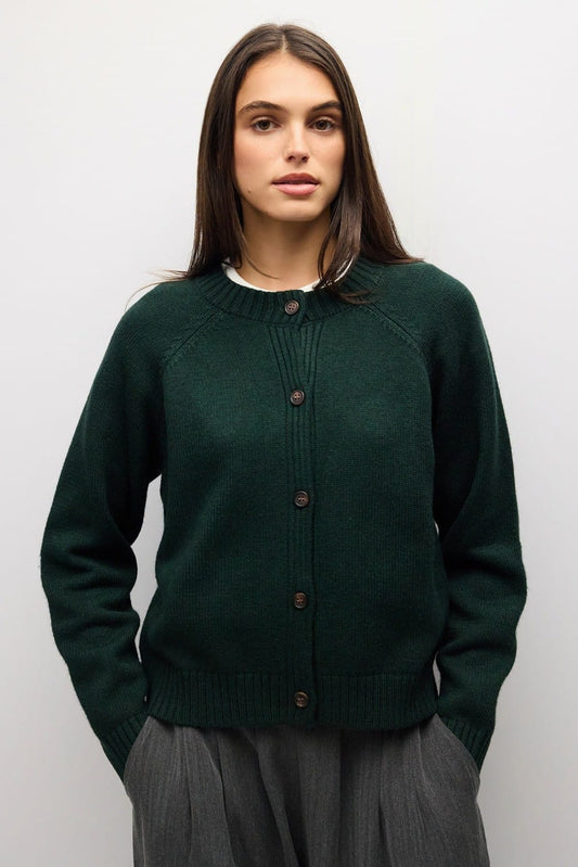 Hunter green button-front knit cardigan with crew neck and raglan sleeves