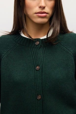 Mod Ref Danielle Cardigan in dark green with brown buttons and ribbed neckline