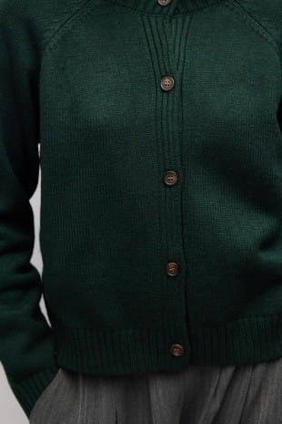 Mod Ref Danielle Cardigan in dark green knit with brown buttons and ribbed trim