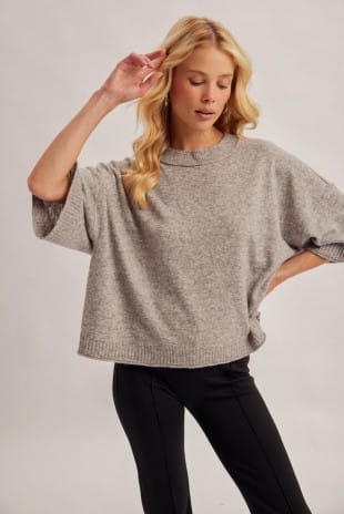 Hem & Thread oversized gray knit half sleeve sweater with ribbed hem