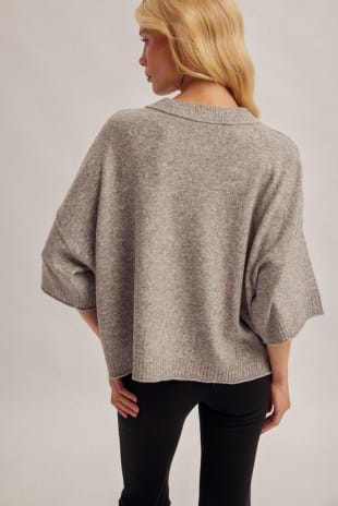 Oversized heather gray half sleeve knit sweater with collared neckline, back view