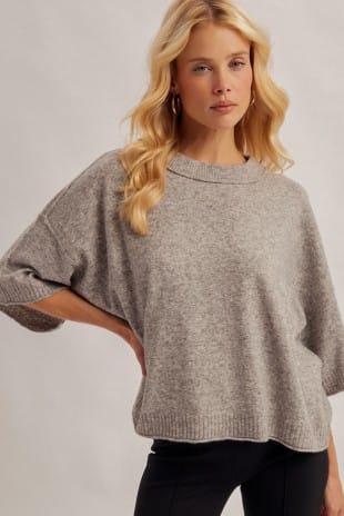 Womens heather grey oversized cropped knit sweater with short sleeves and mock neck