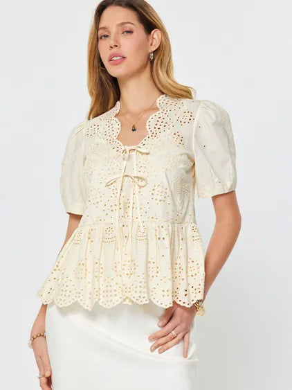 Ivory Tie Front Eyelet Embroidered Blouse