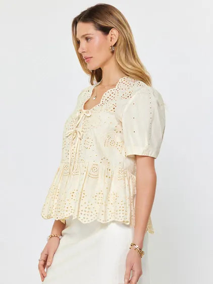 Ivory Tie Front Eyelet Embroidered Blouse