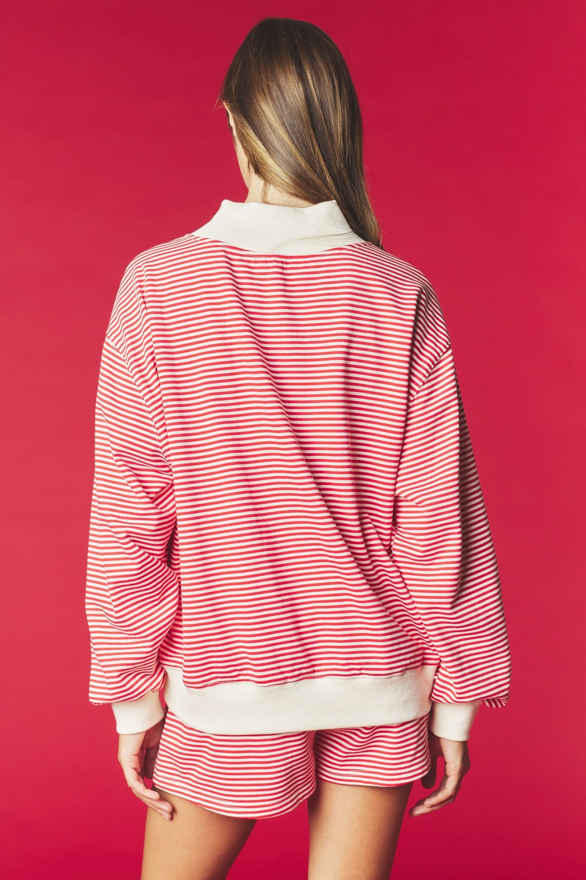Red and white striped sweatshirt and shorts set with cream collar and cuffs