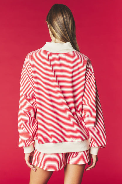 Red and white striped sweatshirt and shorts set with cream collar and cuffs