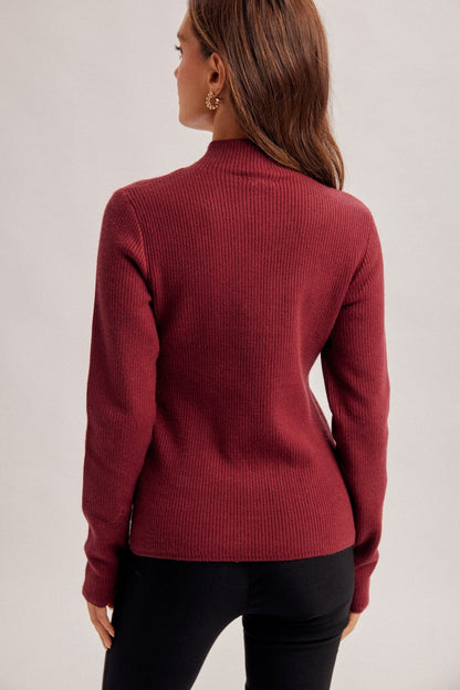 Hem & Thread burgundy ribbed mock neck long sleeve fitted sweater top, back view
