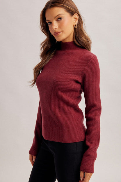 Burgundy ribbed mock neck long sleeve sweater top, slim fit