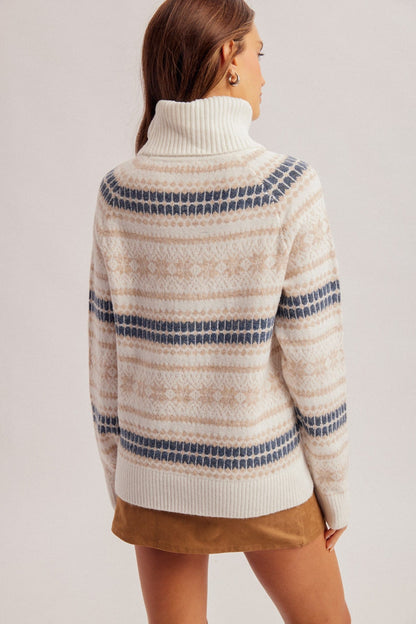 Cream Fair Isle turtleneck sweater with blue and tan stripe pattern, back view