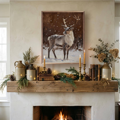 Framed reindeer painting in snow displayed above rustic wood fireplace mantel