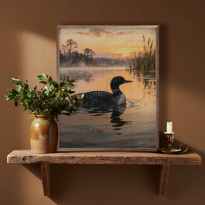 Framed loon painting on misty lake at sunrise, rustic wood shelf décor