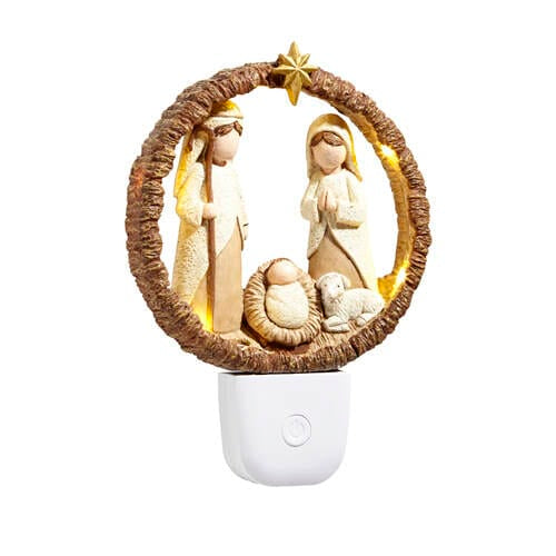 Circular nativity night light with Holy Family figures, glowing warm LED, white plug base