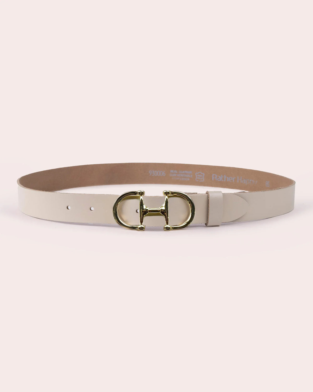 Off white leather belt with gold H-shaped horsebit buckle by Rather Happy