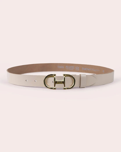 Off white leather belt with gold H-shaped horsebit buckle by Rather Happy