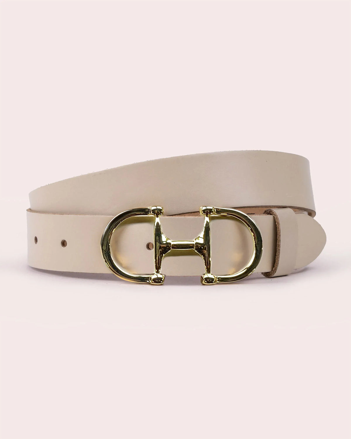 Off-white leather belt coiled with shiny gold H-shaped horsebit buckle