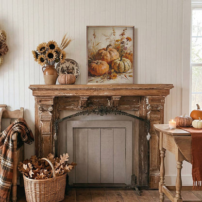 Framed autumn pumpkins and grasses watercolor art print displayed on rustic fireplace mantel