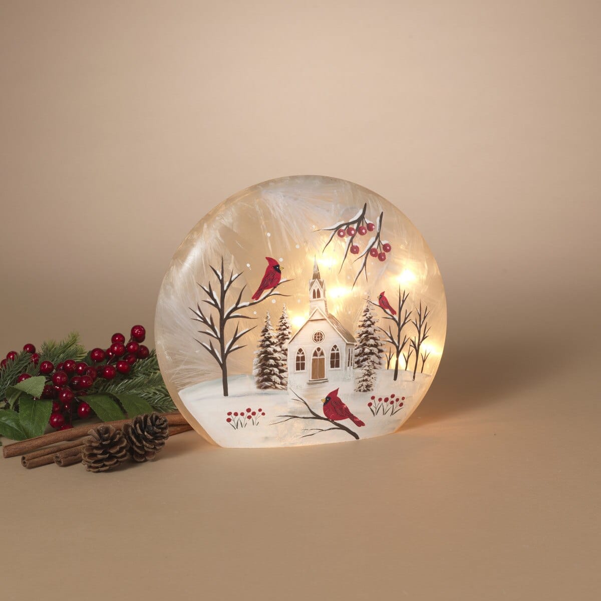 Frosted glass lighted luminary with winter village cardinals and berry scene