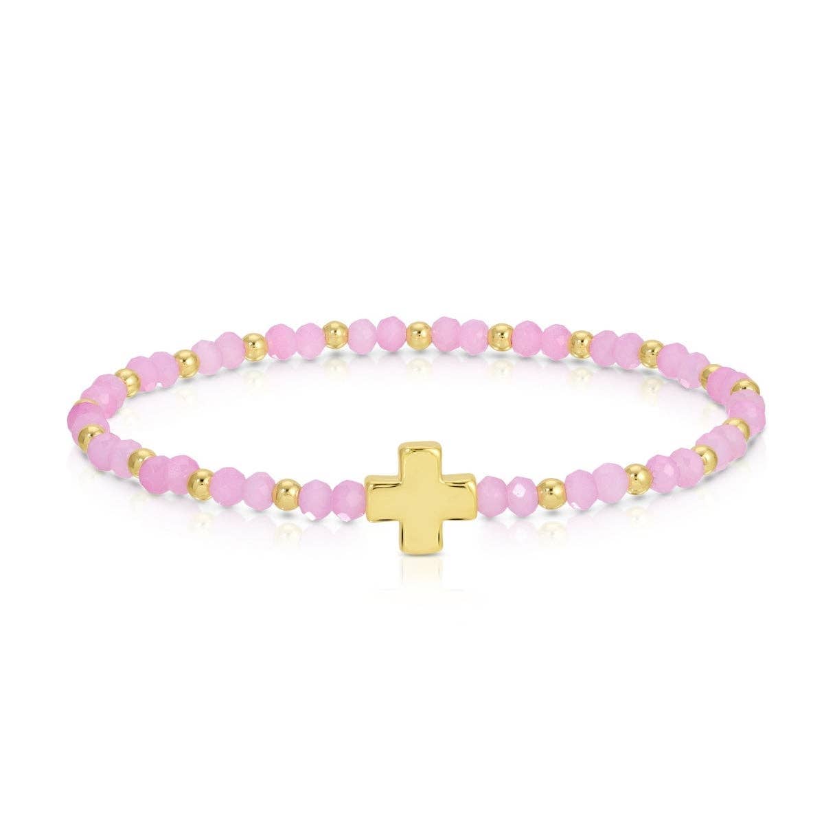 Pink crystal and gold bead stretch bracelet with gold cross centerpiece