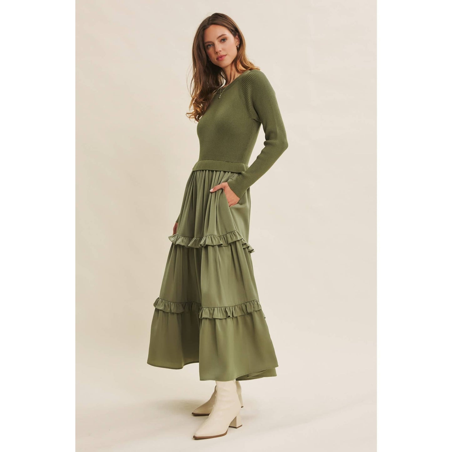 COMFORTABLE SWEATER AND SATIN TWOFER MAXI DRESS