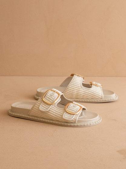 Daytona Slides | Ivory Two-Tone Raffia Gold Buckle Sandal