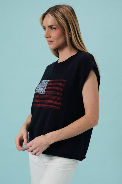 Crew Neck Wide Shoulder USA Flag Sweater