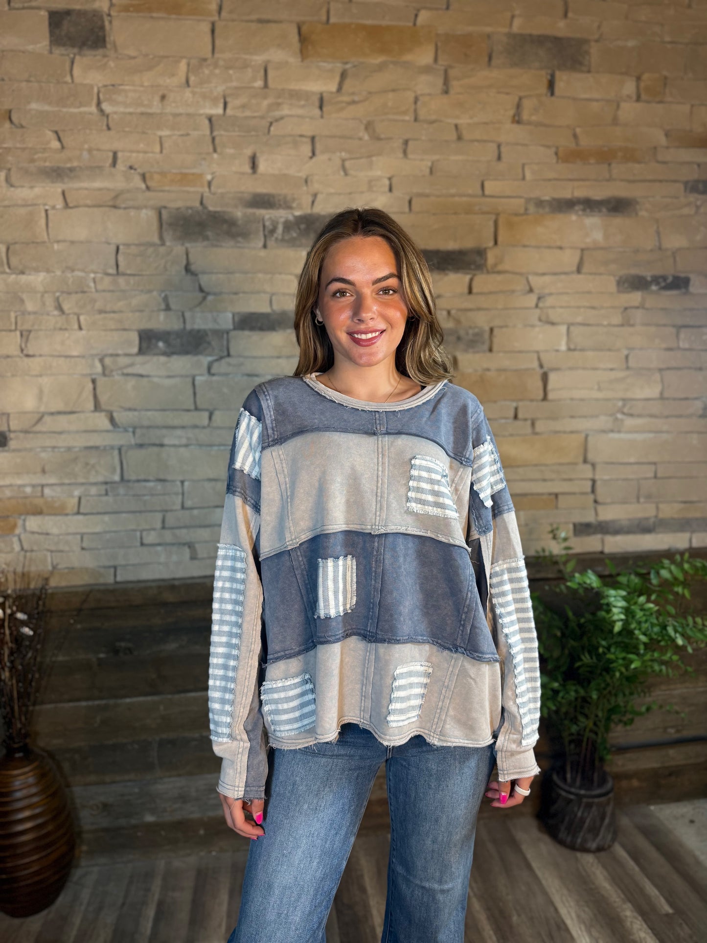 Washed Stripe Patched Detail Sweatshirt