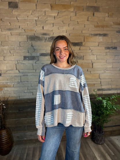 Washed Stripe Patched Detail Sweatshirt