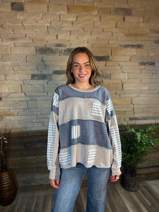 Washed Stripe Patched Detail Sweatshirt
