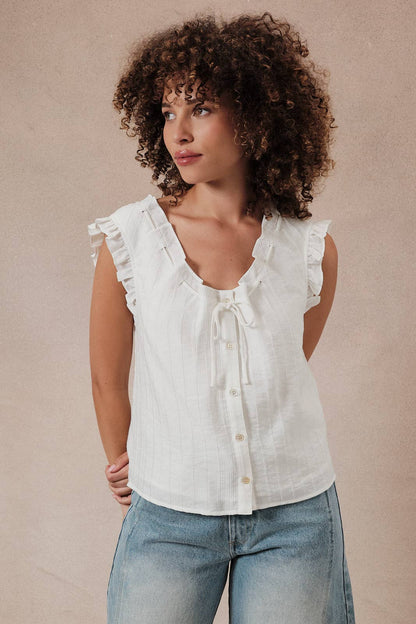 Lace Through Scoop Neck Sleeveless Button Up Top With Ruffle