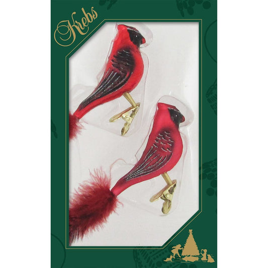 Two glass cardinal bird ornaments with red tail feathers and gold metal clips, in box